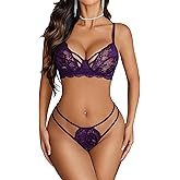 Avidlove Lingerie Sets for Women Sexy Lace Bra and Panty Set Wireless 2 Piece Lingerie Outfit(Purple,XL)