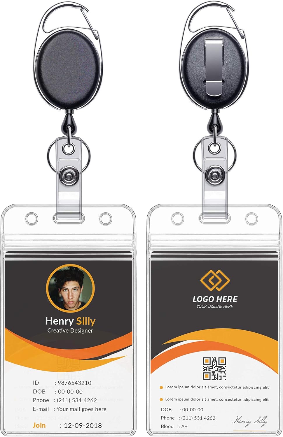 Ktrio 2 Pack ID Badge Holders & Retractable Carabiner Reel Clip, Vertical Name Badge Holder with 28” Kevlar Pull Cord, Heavy Duty Clear PVC Plastic Tag Sleeves for Office, Nurse, Key, Lanyard, Black : Office Products