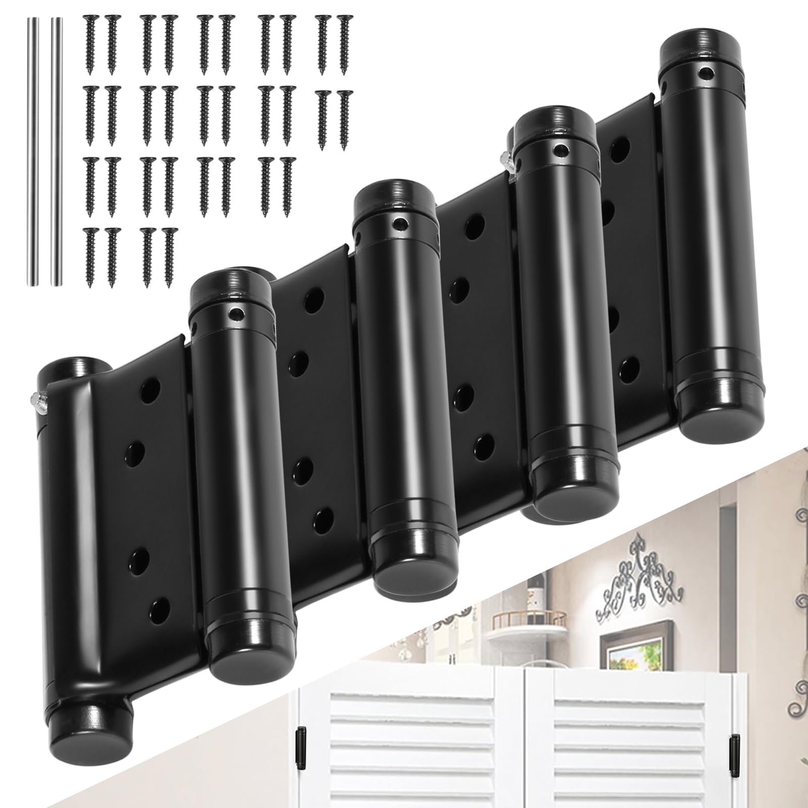 Photo 1 of 6 Inch Double Action Spring Hinge, 201 Stainless Steel, Cafe Salon Door Self-Closing Door Hinges with Pins and Screws (4-Pack) (Black, 6 inches)