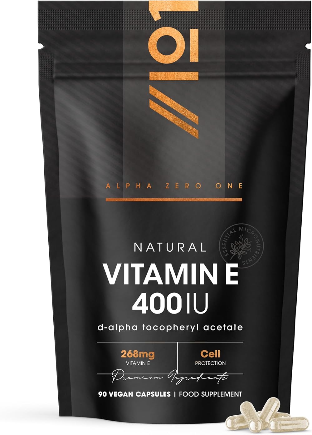 ALPHA01 Vitamin E 400IU D-Alpha Tocopherol 90 Vegan Capsules 3 Month Supply
