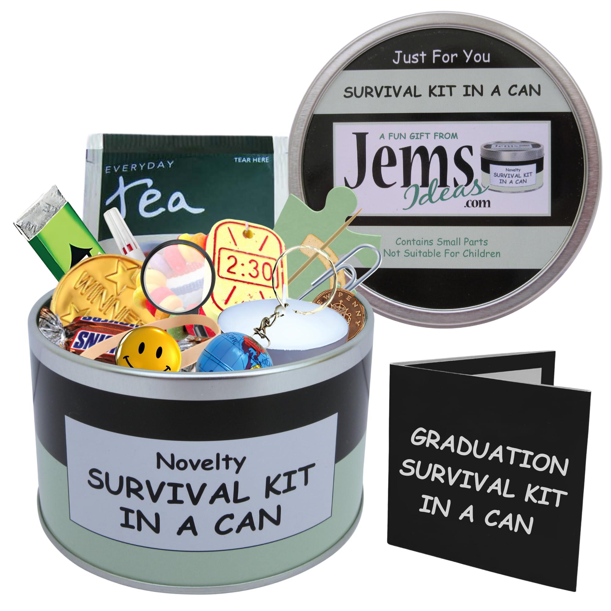 Graduation Survival Kit in a Can – Funny Novelty Gift for University Graduate – Humorous Well Done Present with Card – Fun Congratulations Gift Set for Him or Her (Black/Mint)
