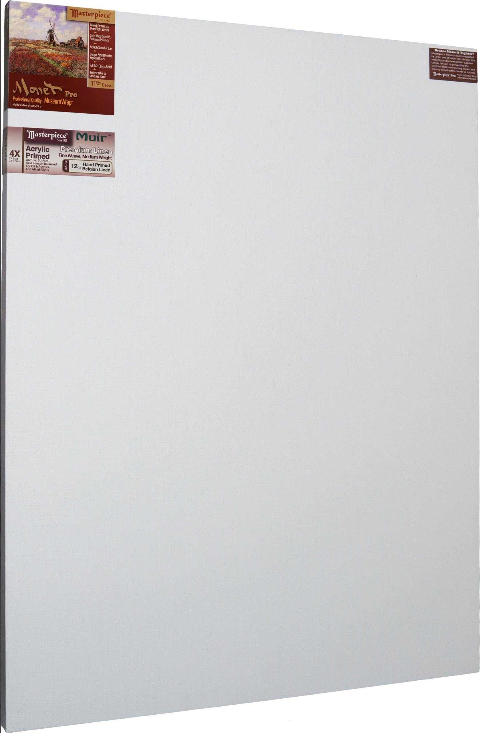 MASTERPIECE Z1MA-3067 Monet Pro 1.5″ Deep Muir Belgian Linen 12.0 oz Acrylic Primed Stretched Canvas 30″ x 67″ White