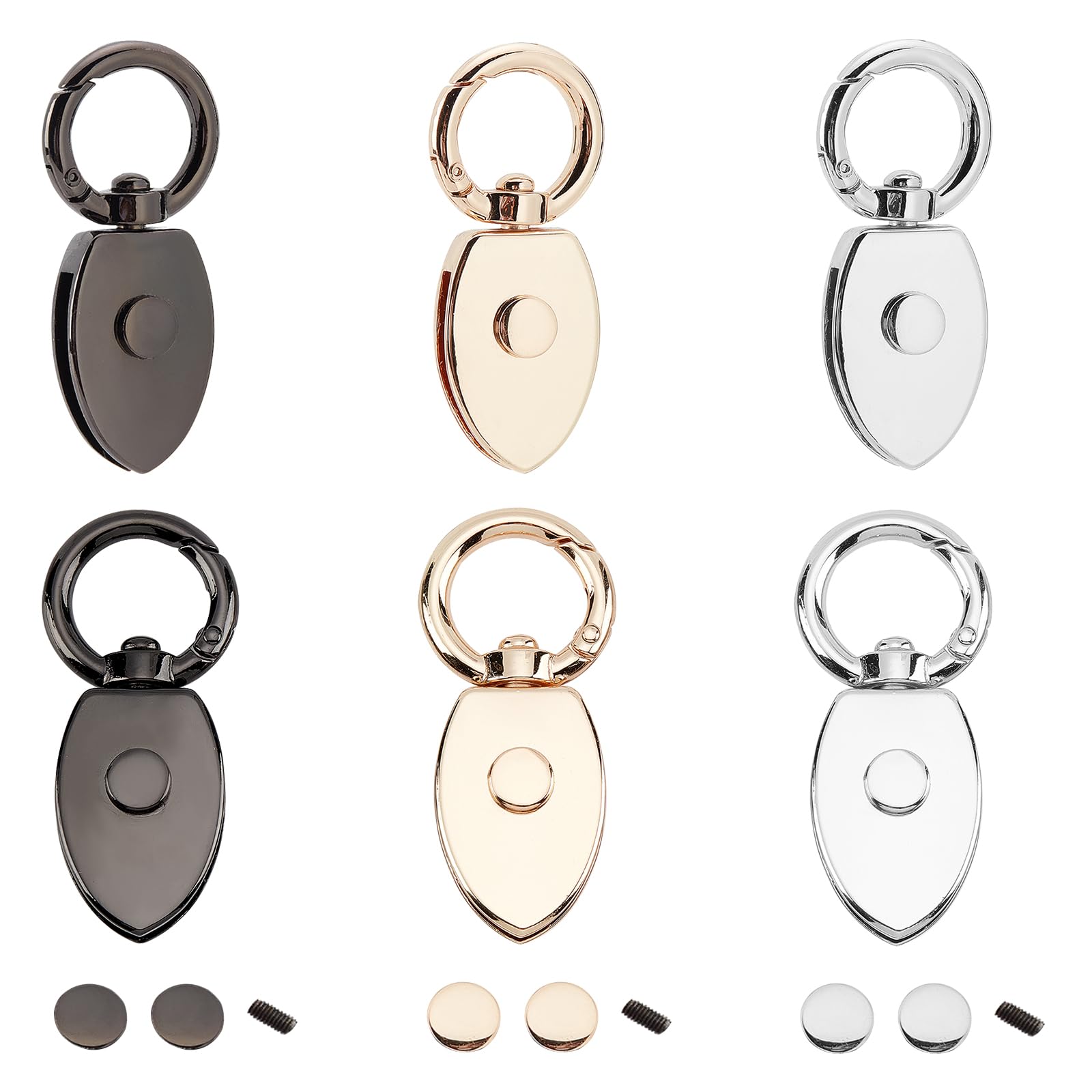 WADORN 6 Sets Metal Purse Side Connector Buckles, 3 Colors Purse Suspension Clasp Leaf Shape Handbag Chain Link Lanyard Hooks Shoulder Strap Hanging Buckles with O Ring Screws, Ring: 2.55cm