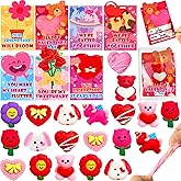 28 Pack Valentines Day Gifts for Kids Classroom School , Mochi Squishy with Valentines Day Cards , Kawaii Squeeze Stress Relief Fidget Toys Valentines Party Favors Exchange Prizes Toddlers Boys Girls