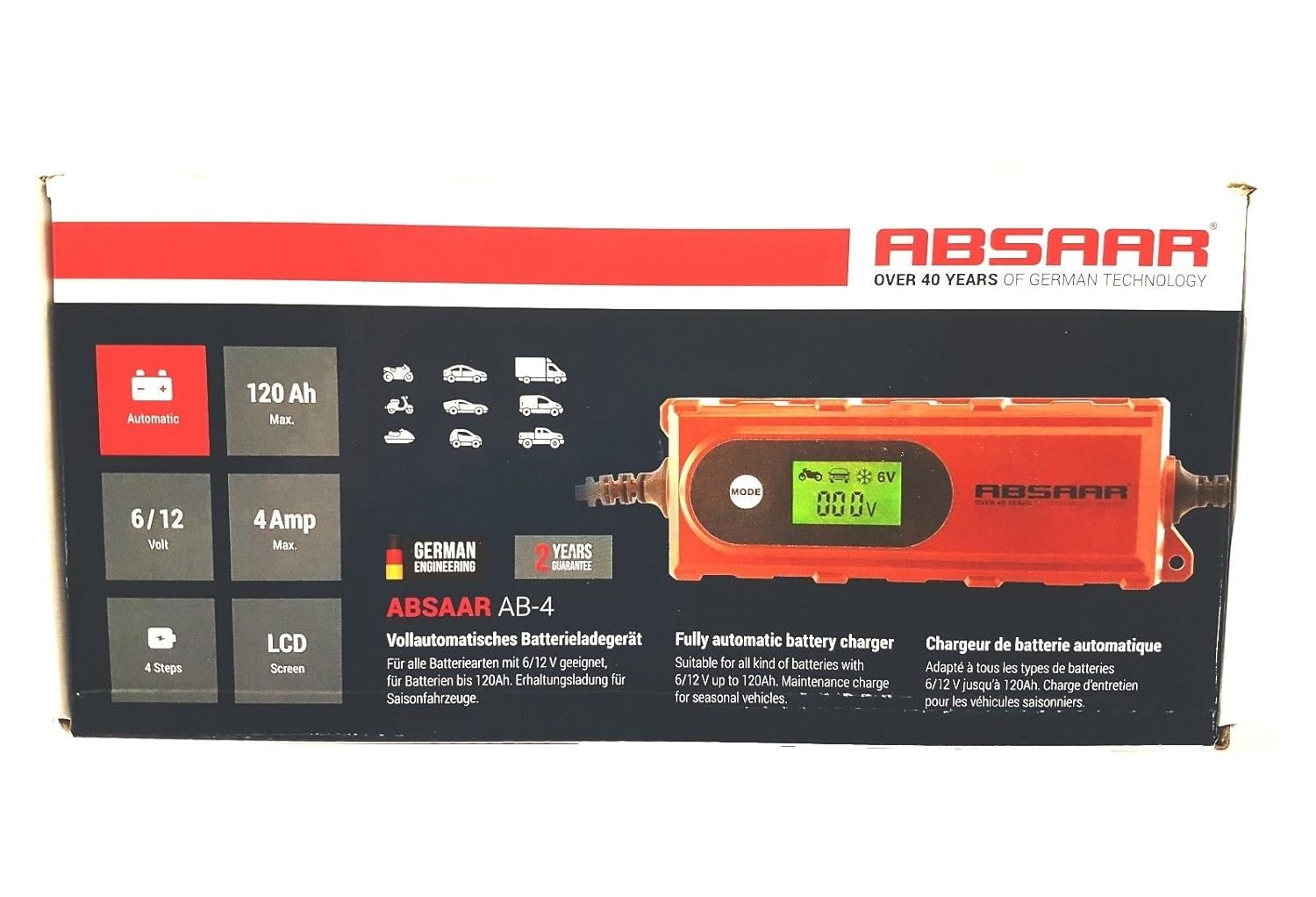 ABSAAR AB4 6V/12V 4A Smart Battery Charger Lead Acid, VRLA AGM GEL