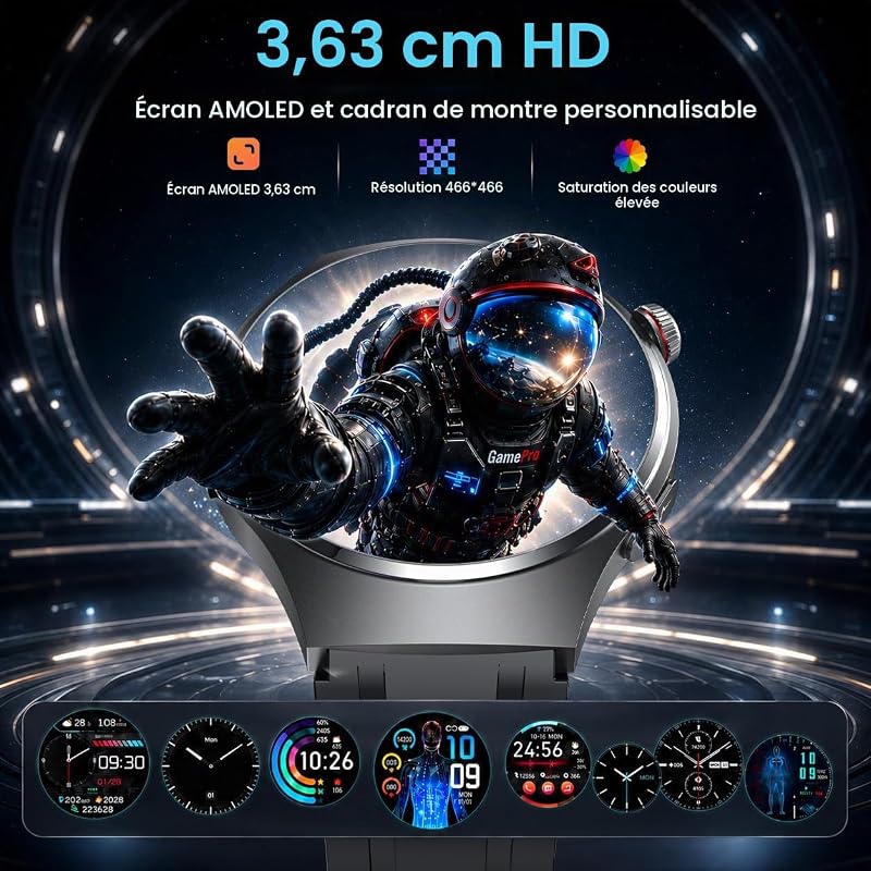 Montre Connectée Homme ECG+HRV Smartwatch: 1.43" AMOLED Montre Intelligente Homme avec Fréquence Cardiaque Tension Arterielle SpO2 Sommeil Température Corporelle Appel Bluetooth pour iOS et Android — photo 4 sur 7