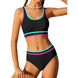 Girls Swimsuit Double Strap High Waist Sporty Bikini Swimsuits Swim Cover Up Skirt 3 Piece Set