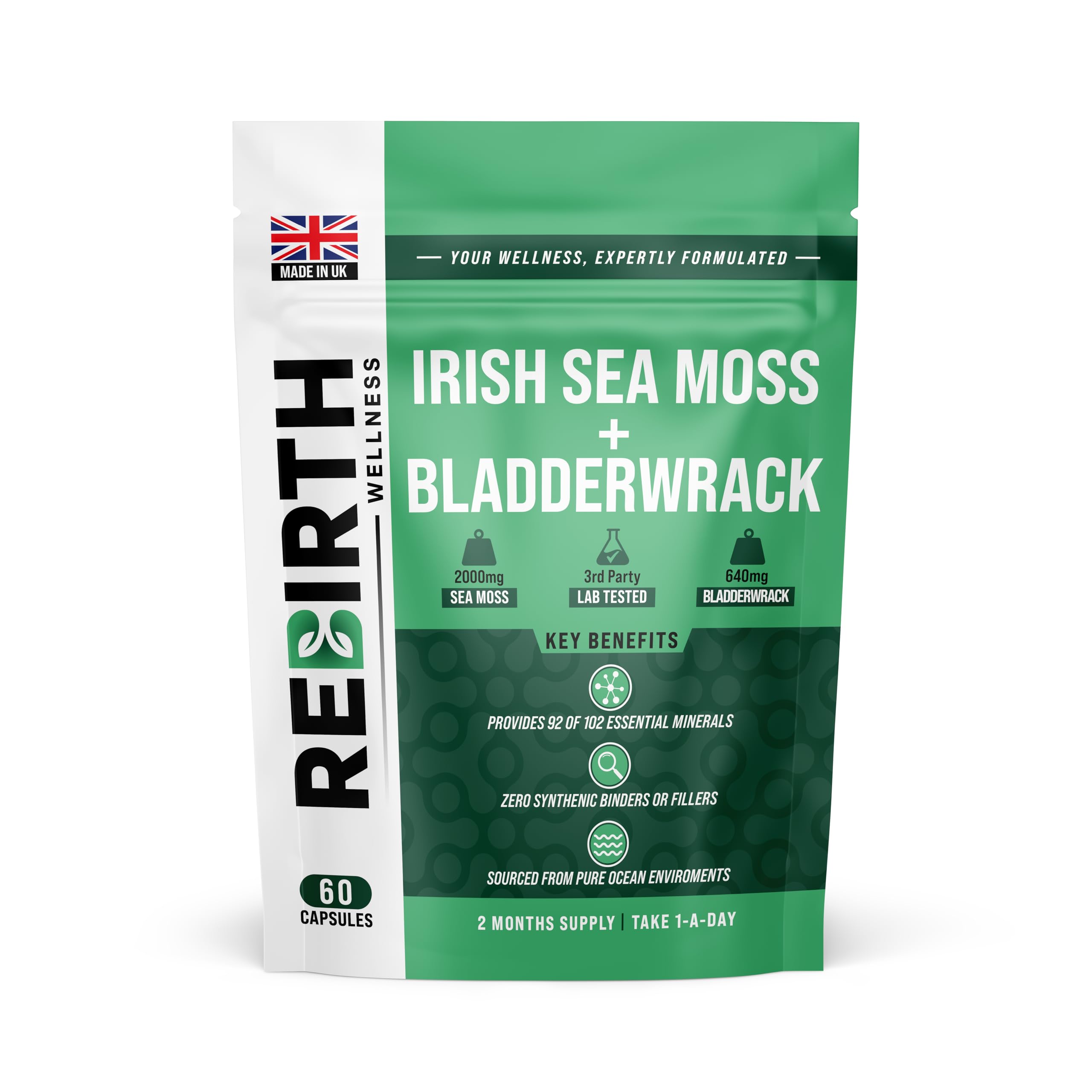 Sea Moss and Bladderwrack - 60 High Strength Capsules - 2 Month Supply - Vegan Friendly -No Synthetic Fillers or Binders - Made in the UK - Rebirth Wellness