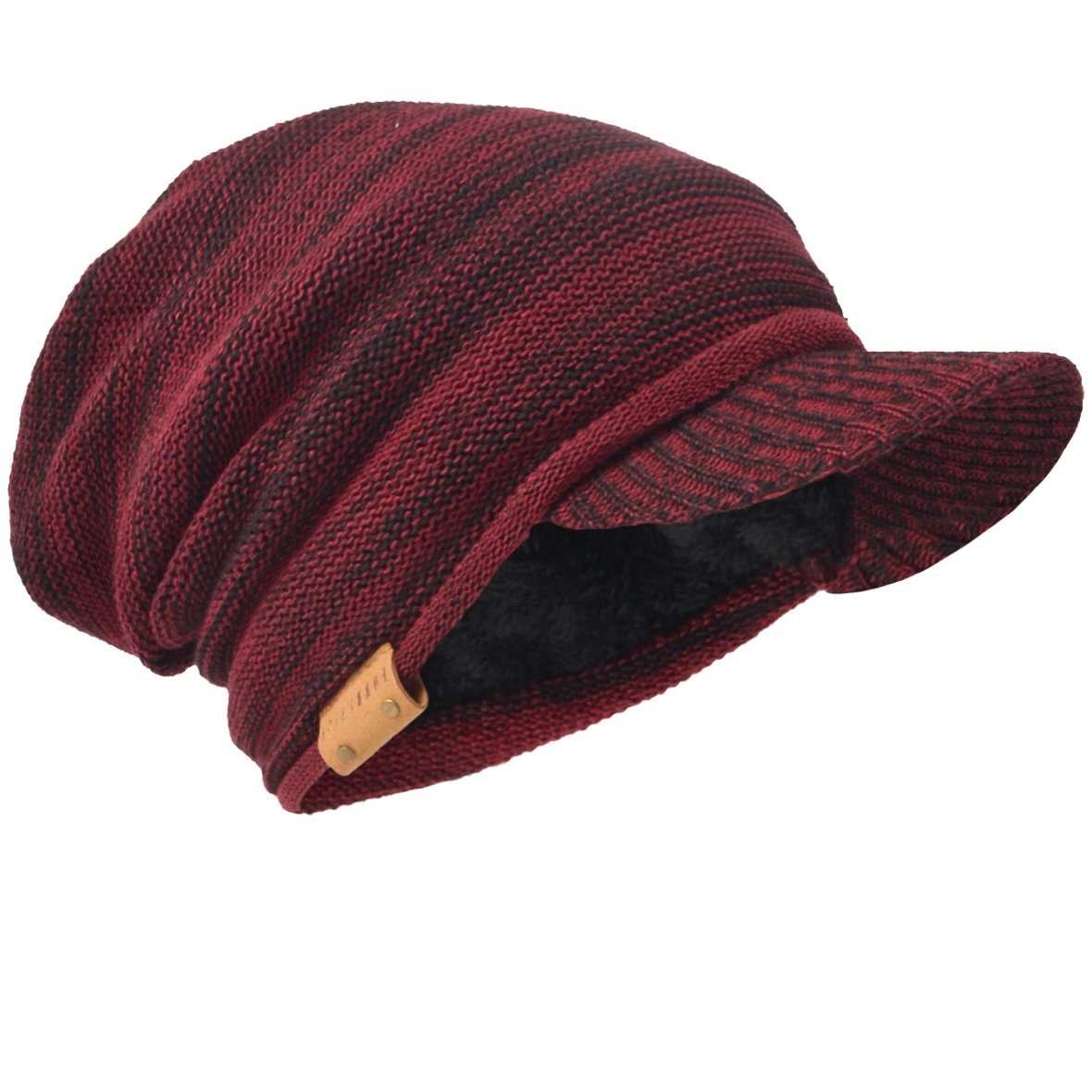 HISSHE Men's Thick Knit Newsboy Cap Visor Beanie Hat Fleece Lined Multicolor B319 (Claret-Black)(Size:L)