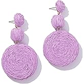 Statement Raffia Boho Round Dangle Ball Earrings - Cute Handmade Summer Bohemian Dangling Jewelry for Women