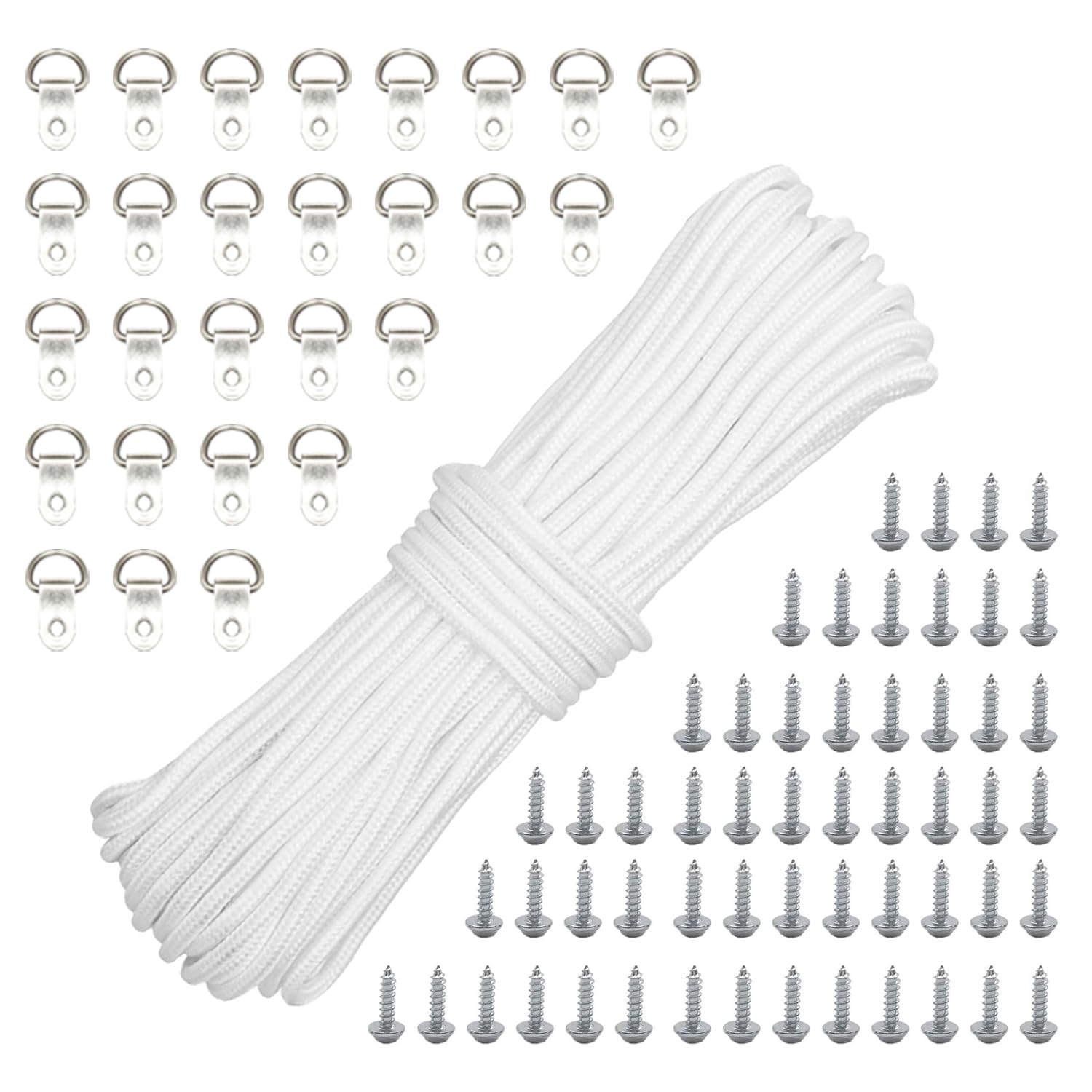 Brackit Picture Hanging Hooks Kit - 120 High-Strength D-Rings with Screws and 10M X 4mm Braided Cord for Hanging Picture Frames to Wall | Ideal for Family Paintings Wedding Photos & Mirrors
