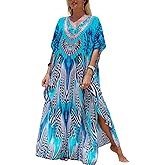 IMAGEKOPE Women's Plus Size Moroccan Print V-Neck Batwing Kaftan Loose Fit Beach Dress Bathing Suit Cover Up