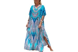 IMAGEKOPE Women's Plus Size Moroccan Print V-Neck Batwing Kaftan Loose Fit Beach Dress Bathing Suit Cover Up