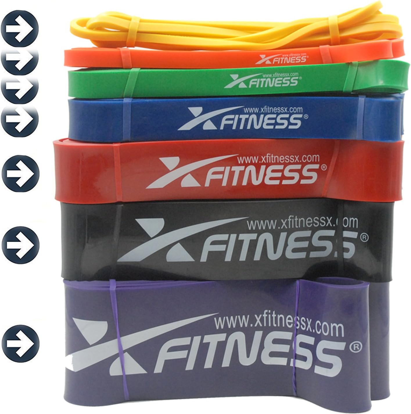 xFitness Pull Up Assist Band Stretch Resistance Band, Mobility Band, Powerlifting Bands | 7 Levels to Choose | Perfect for Chin Ups, Muscle Ups, Ring Dips | Single Band or Set Combo