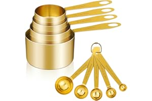 GuDoQi Measuring Cups and Spoons Set of 9, Stainless Steel Handle with Metric and US Measurements, Golden Polished Finish, Dr