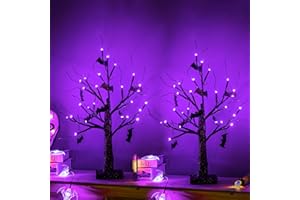 ZHOUDUIDUI 2Pack Halloween Tree, Black Spooky Tree with 24LED Purple Lights and 10 Bat Ornaments Battery Powered 18IN Lighted Halloween Bonsai Tree for Indoor Tabletop Halloween Party Decoration