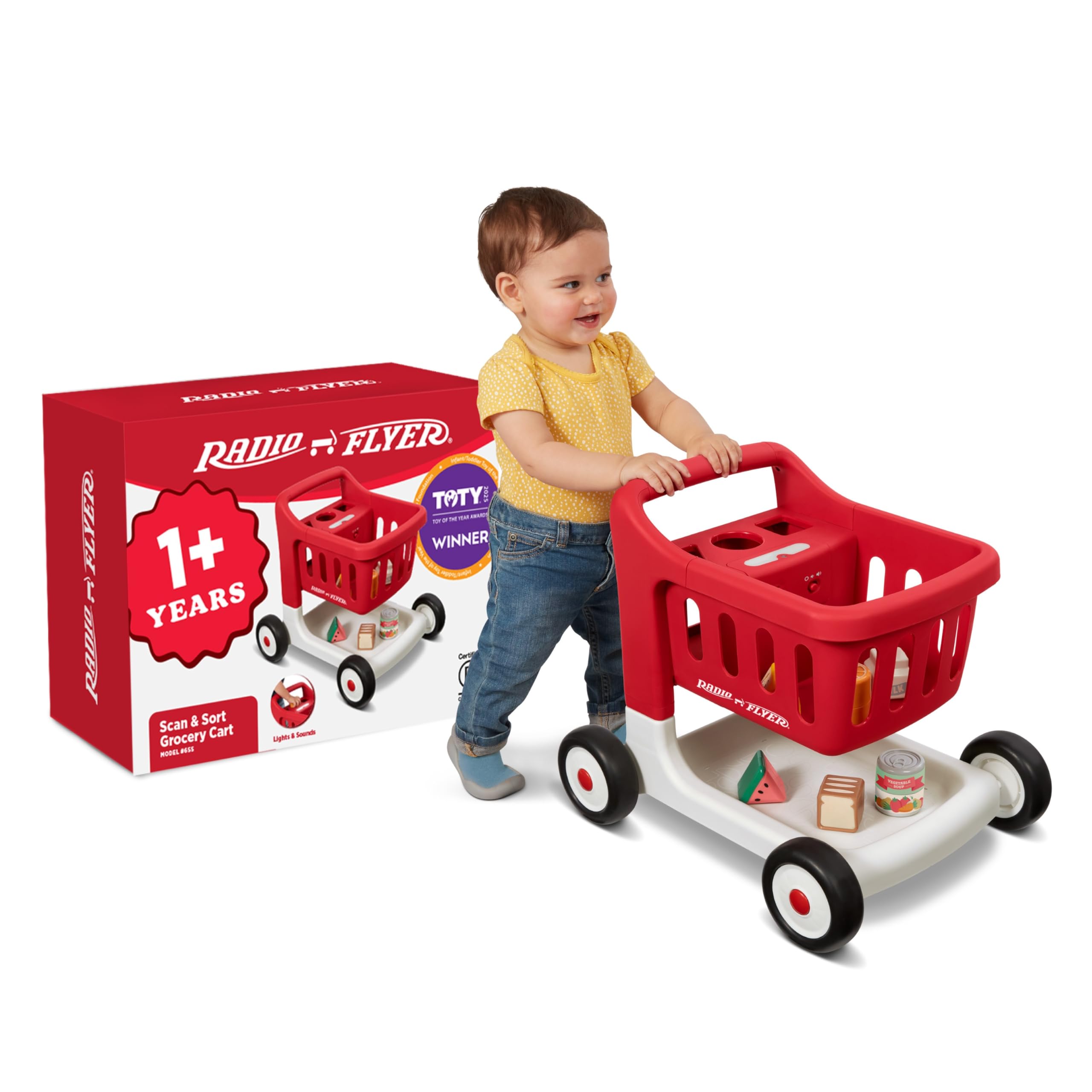 Radio Flyer Scan & Sort Shopping Cart, Red, for Kids 1+, Interactive Baby Walker with Lights & Adjustable Sound, Includes 6 Play Food Items, Adjustable Height Baby Push Walker, for Indoor Play