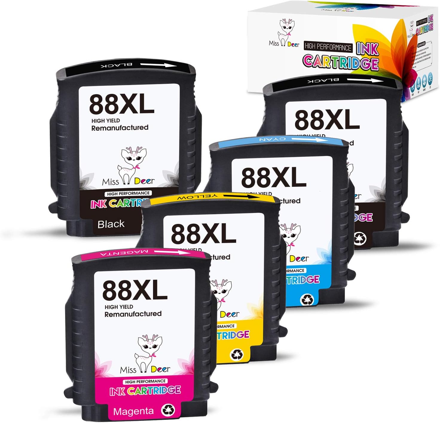 Miss Deer 88XL High Yield Compatible Ink Cartridge Replacement for HP 88 XL 88XL Work with Officejet Pro K5400 K550 K8600 L7480 L7550 L7580 L7590 L7650 L7680 L7750 L7780(2BK, 1C, 1M, 1Y) 5 Pack