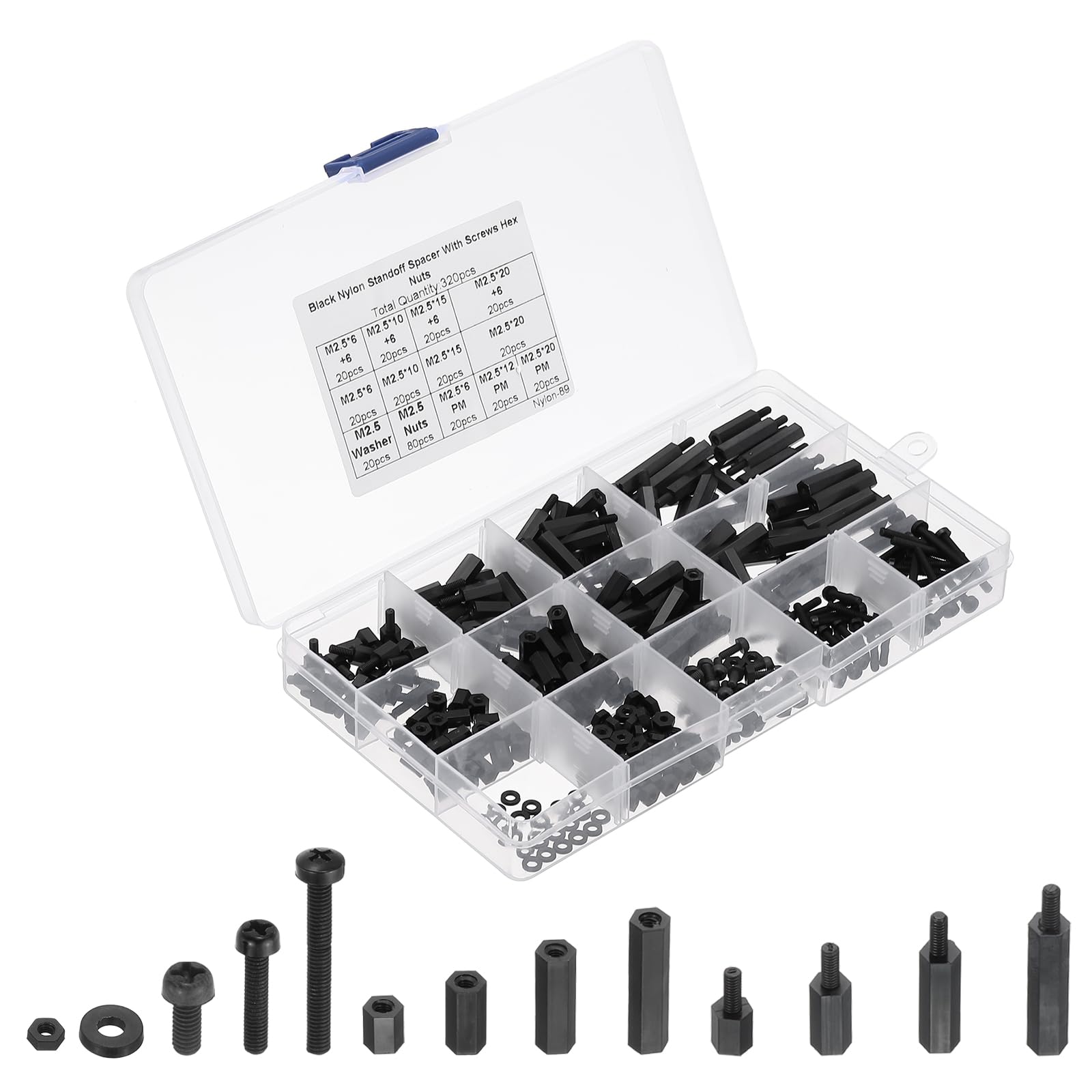 PATIKIL M2.5 Male Female Nylon Hex Spacer Standoff Kit, 320Pcs Motherboard Standoffs Assortment Kit, Electrical Outlet Spacers, Screws Nuts for PCB Motherboard, Circuit Board, Black