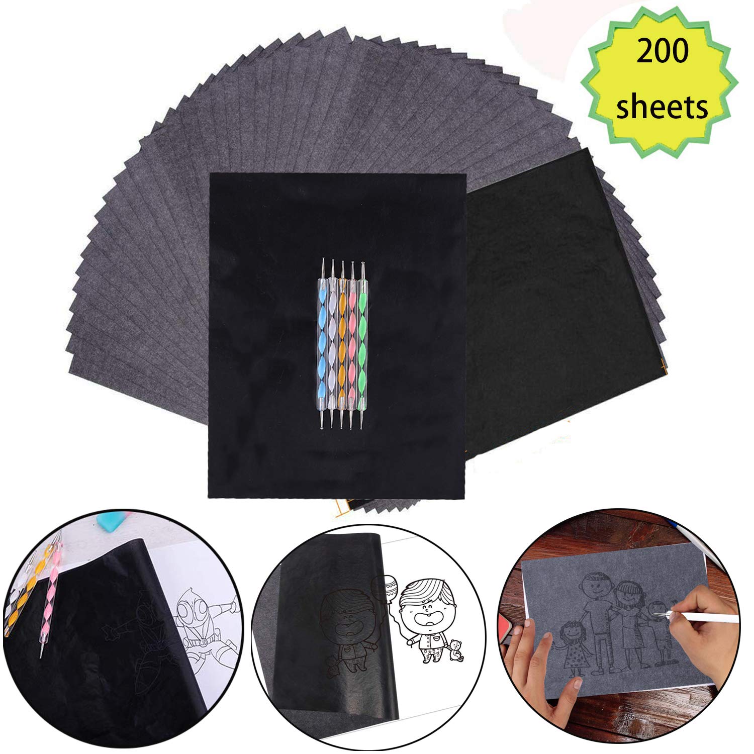 Carbon Paper, bluesees 200 Sheets Tracing Paper Black Carbon Transfer Paper with 5 Pieces Double Ended Tracing Stylus Dotting Tools for Wood, Paper, Canvas and Other Art Surfaces (11.8 x 8.3 Inches)
