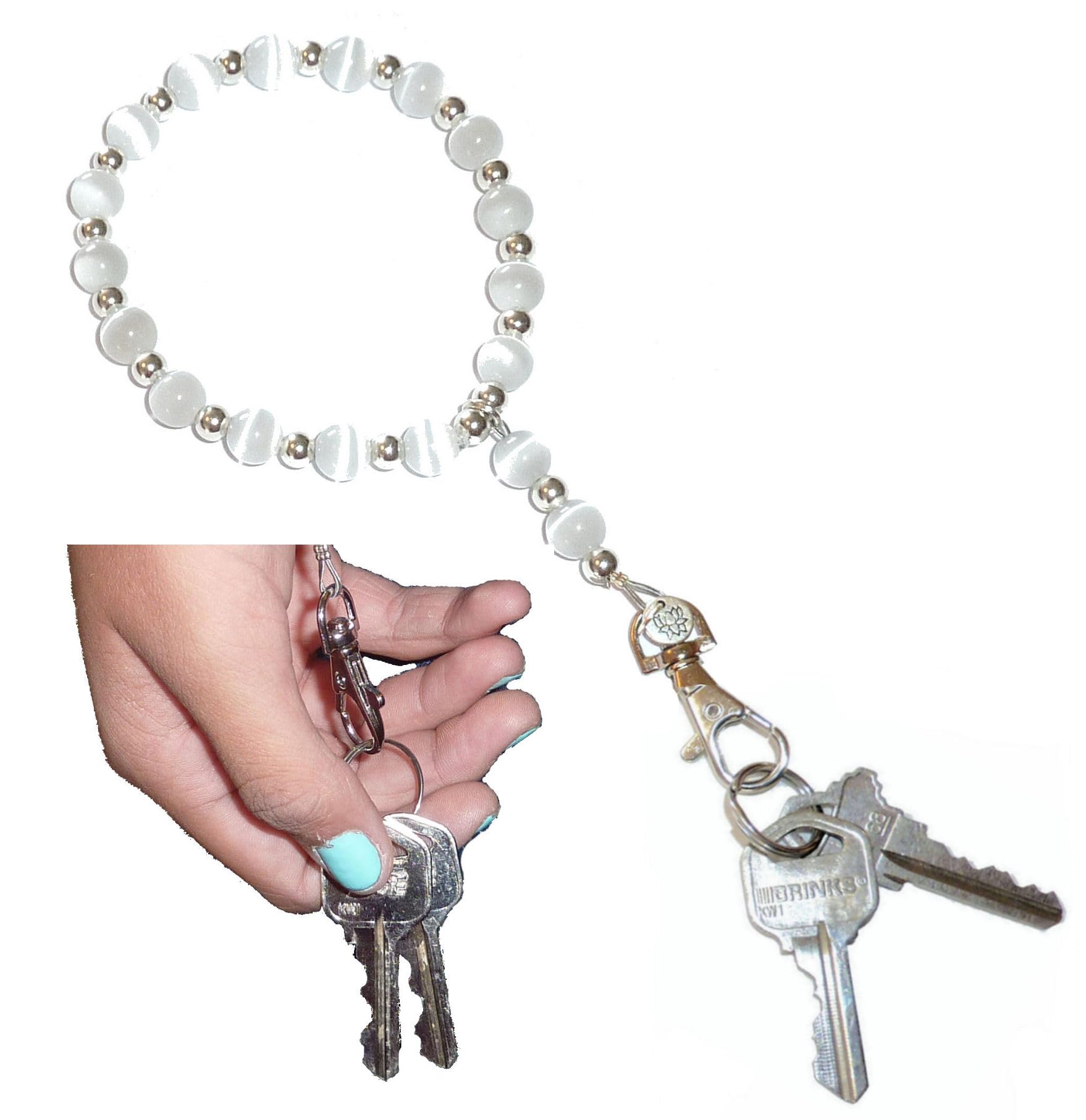 Hidden Hollow Beads Wrist Lanyard, Beaded Women's Wristlet, Bracelet, Jewelry, Keys, Phone, Keychain Bracelet, Strong (White)