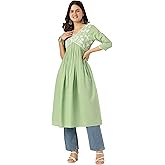 Janasya Indian Women's Cotton Green Yoke Embroidered Casual Wear Kurta for Women