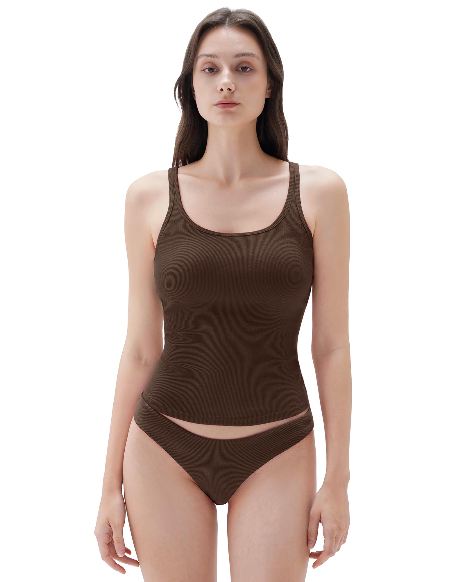 Photo 1 of SUUKSESS Women Padded Cotton Ribbed Long Tank Tops 2025 Summer Going Out Basic Scoop Neck Cami Tops Sleeveless Casual Shirts (Dark Brown, L)