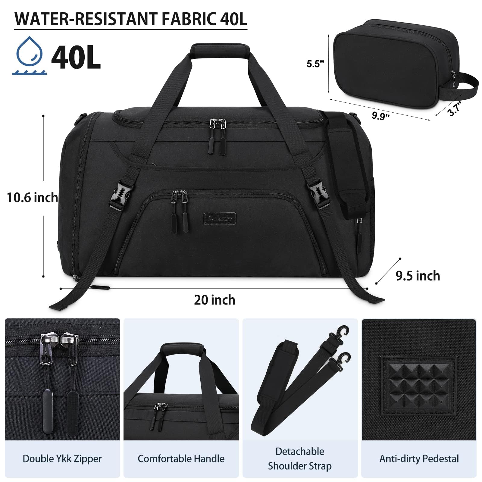 Gym Duffle Bag for Women Men 40L Waterproof Sports Travel Duffel Bags with Shoe Compartment,Wet Pocket Large Weekender Overnight with Toiletry Bag,Black