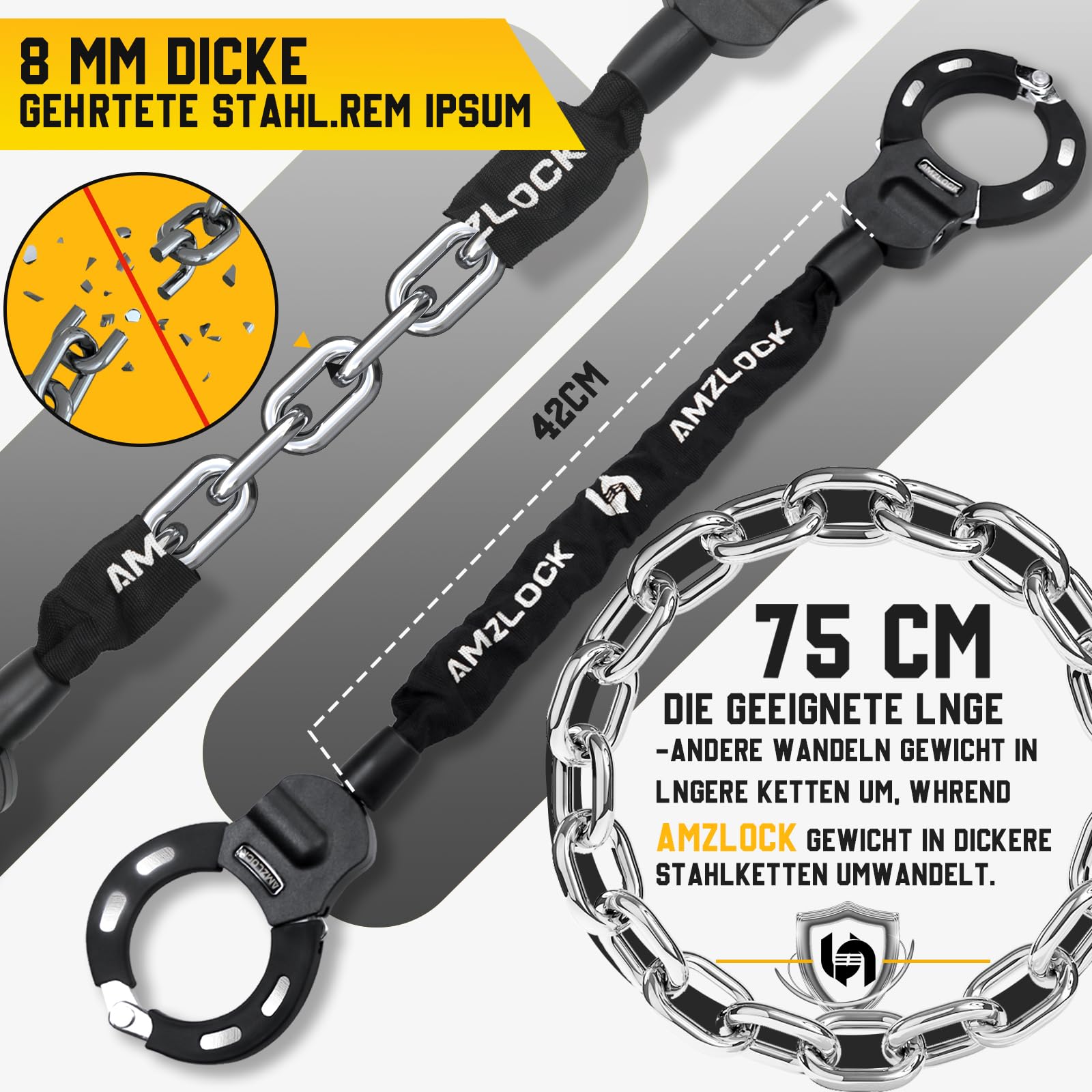 AMZLOCK E Scooter Schloss mit Tasche | 8mm Dicke Kettenschloss | Handschellenschloss für E Scooter | mit 3 Schlüsseln | 1.6kg/75cm Hochsicherheitsschloss 2