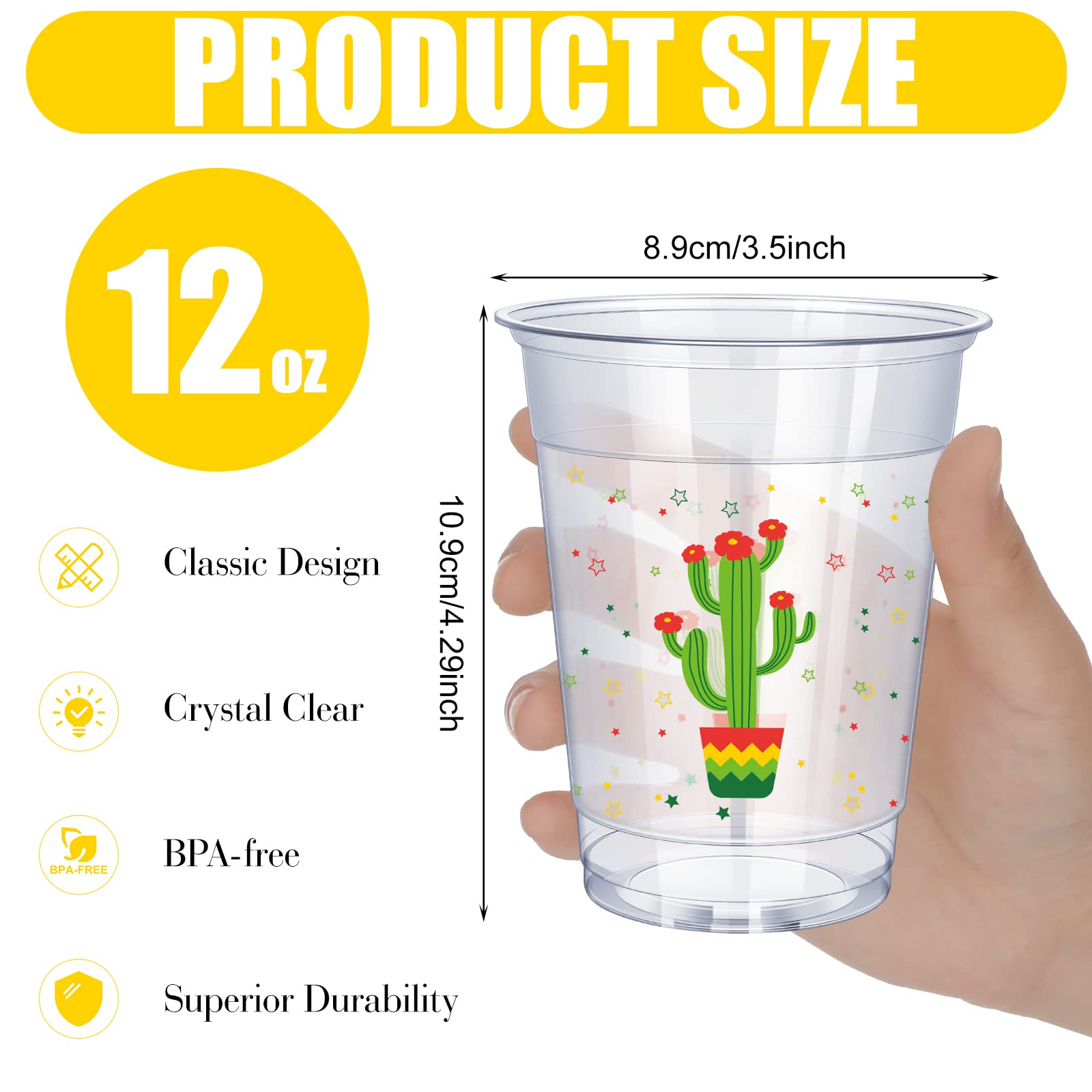 meekoo 100 Pack 12 oz Fiesta Cups Plastic Mexican Cups Clear Disposable Mug Cinco De Mayo Party Decorations for Fiesta Taco Birthday Party Drinkware Supplies, 4 Styles