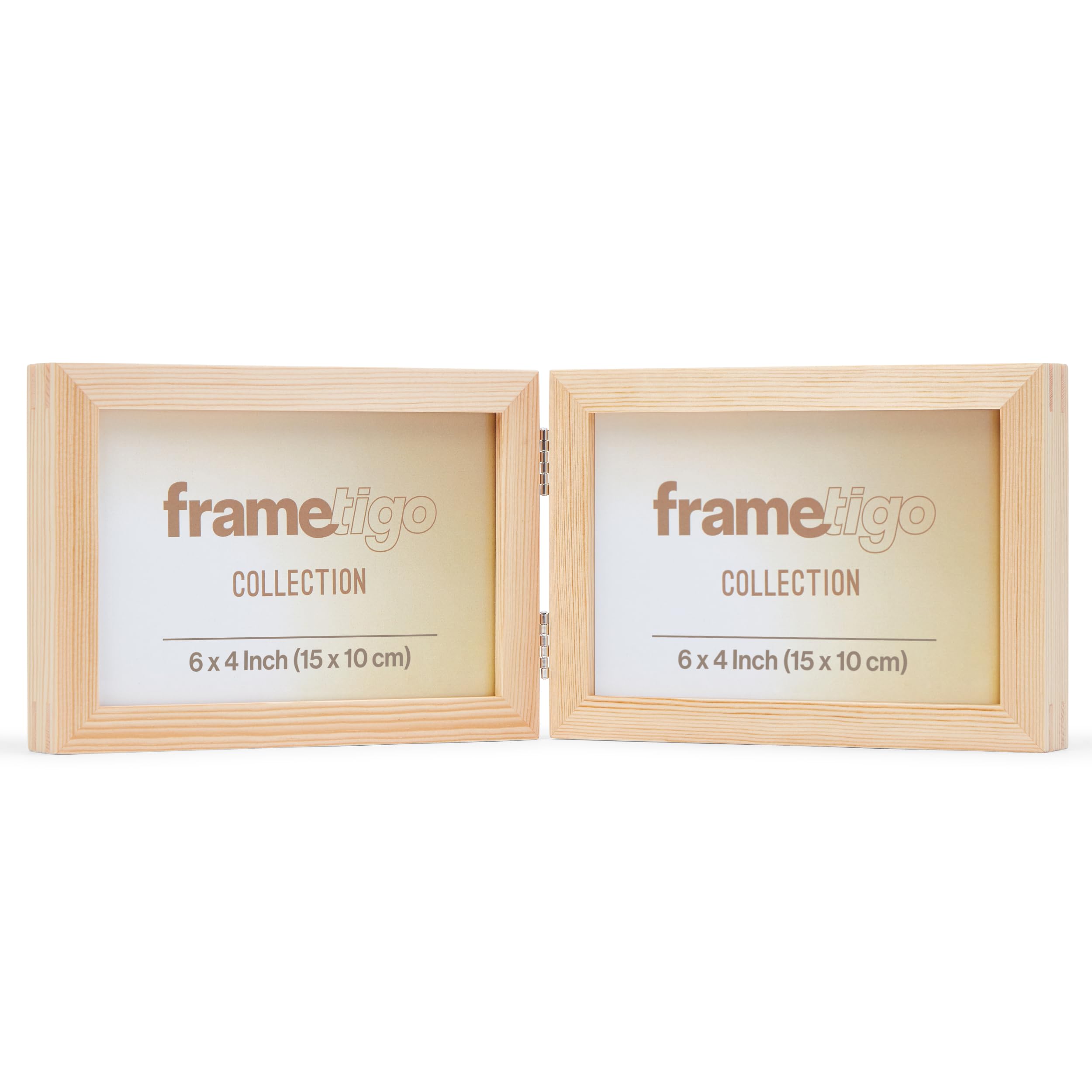 Frametigo - Solid Pine Natural Wood Double Landscape Photo Frame, 6”x4” (15x10cm) Photo Size - Velvet Frame Backing & Stand - Double Spline Joint - Polished Edge Real Glass - Stylish Wooden Frames