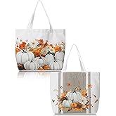 Bencailor 2 Pcs Thanksgiving Canvas Tote Bag Fall Pumpkin Maple Leaf Tote Pouch Cute Aesthetic Reusable Grocery Bag for Women