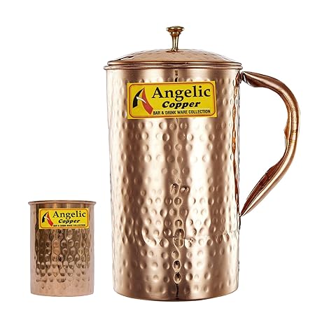 Angelic Copper Handmade Copper Jug with Glass, Brown