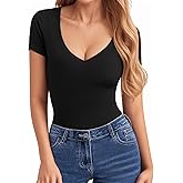 CLOZOZ Short Sleeve Long Sleeve Tops for Women Sexy Womens V Neck T Shirts Fitted Shirts Tight Basic Tee