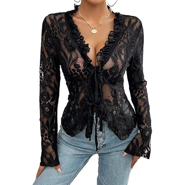 Owl's-Yard Women's Sexy See Through Lace Tops Tie Front Long