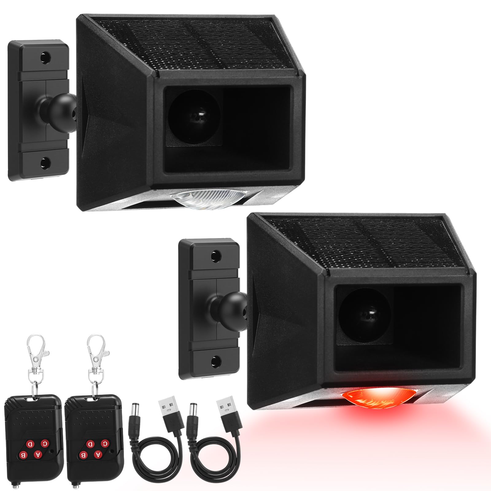 Photo 1 of Qualirey 2 Pack Solar Motion Sensor Alarm Outdoor Wireless Security Alert System Freely Rotatable Solar Animal Repeller with Remote Control, 4 Working Modes for Home, Driveway, Farm, Animal Deterrent
