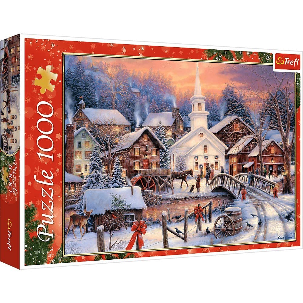 Christmas Winter Village 1000 Piece Jigsaw Puzzle by Trefl – Scenic Snowy Church & Horse-Drawn Carriage Landscape – Large 68.3 x 48cm Adult Puzzle Gift – Relaxing Festive Holiday Winter Scene Jigsaw