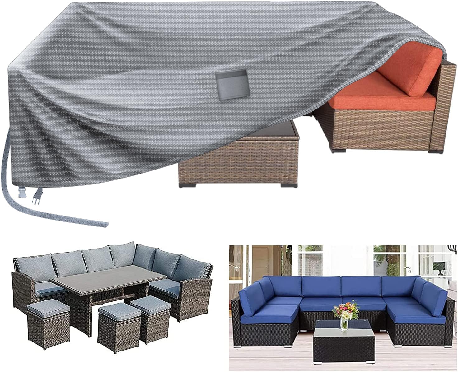 Kovshuiwe Garden Furniture Covers,280x205x106cm Patio Furniture Cover Waterproof,Patio Table Covers 420D Heavy Duty Oxford Fabric Rattan Furniture Cover Windproof Anti-UV for Patio, Outdoor,Gray