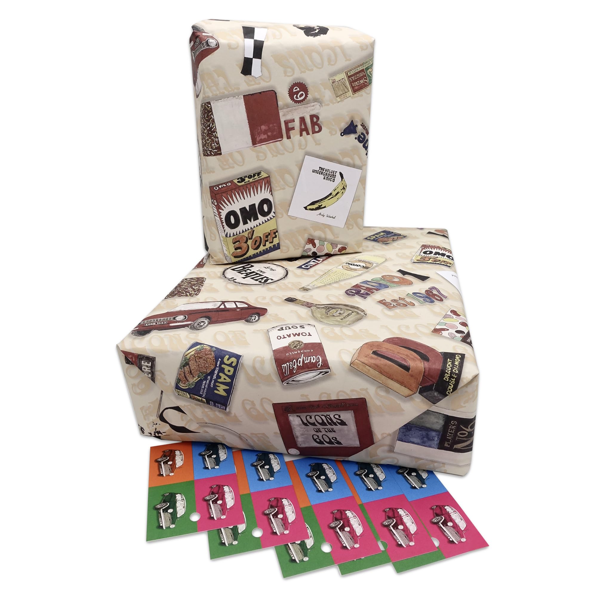1960's Wrapping Paper 5 sheet multi pack, Retro Nostalgia Vintage Gift Wrap 60th Birthday 50th, 70th 60th Gift for Men, Women(Icons of the 60s)