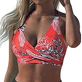 Hilor Women's Underwire Bikini Tops Halter V Neck Bathing Suit Top Swimsuit Push Up Twist Front Swim Top Only