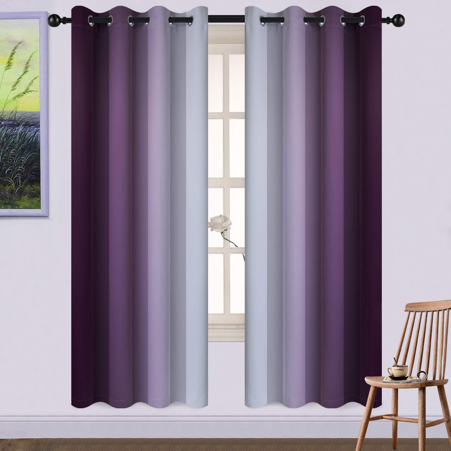 Yakamok Room Darkening Greyish White and Purple Ombre Curtains for Bedroom, Thickening Polyester Thermal Insulated Grommet Gradient Color Drapes for Living Room (52W x 72L / 2 Panels)