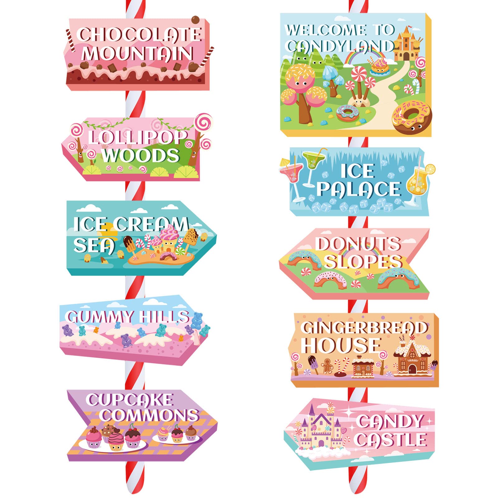 DPKOW Candyland Party Decorations - 20pcs Sweet Candy Land Signs & Props for Lollipop Donut Birthday Party Decorations, Indoor/Outdoor, Photo Booth Supplies