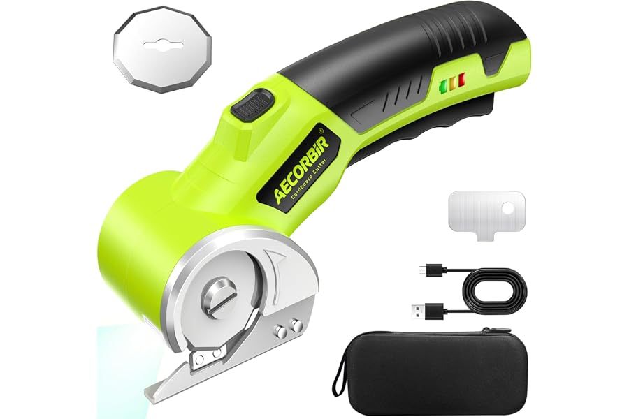 Cordless Electric Scissors: 4V Rechargeable Rotary Cardboard Cutter, 3000mAh Battery, with LED Light & Safety Lock, 2 Blades, Electric Box Cutter for Fabric Carpet Carton Plastic Leather Cloth