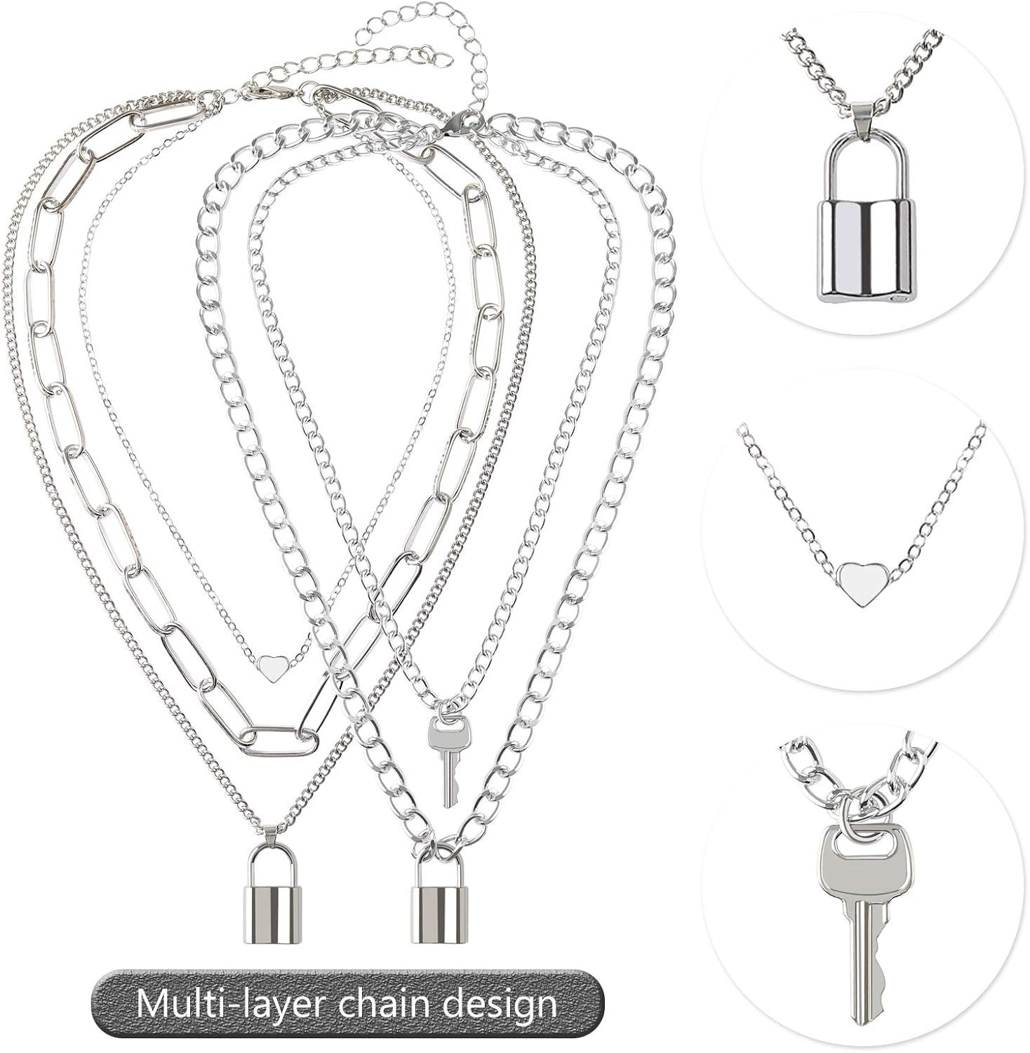 BVROSKI Lock Chain Necklace, Egirl Chains, Statement Lock Key Pendant Necklace Silver Set Eboy Long Multilayer Chains Punk Choker 2 Set(5 Layer) | 