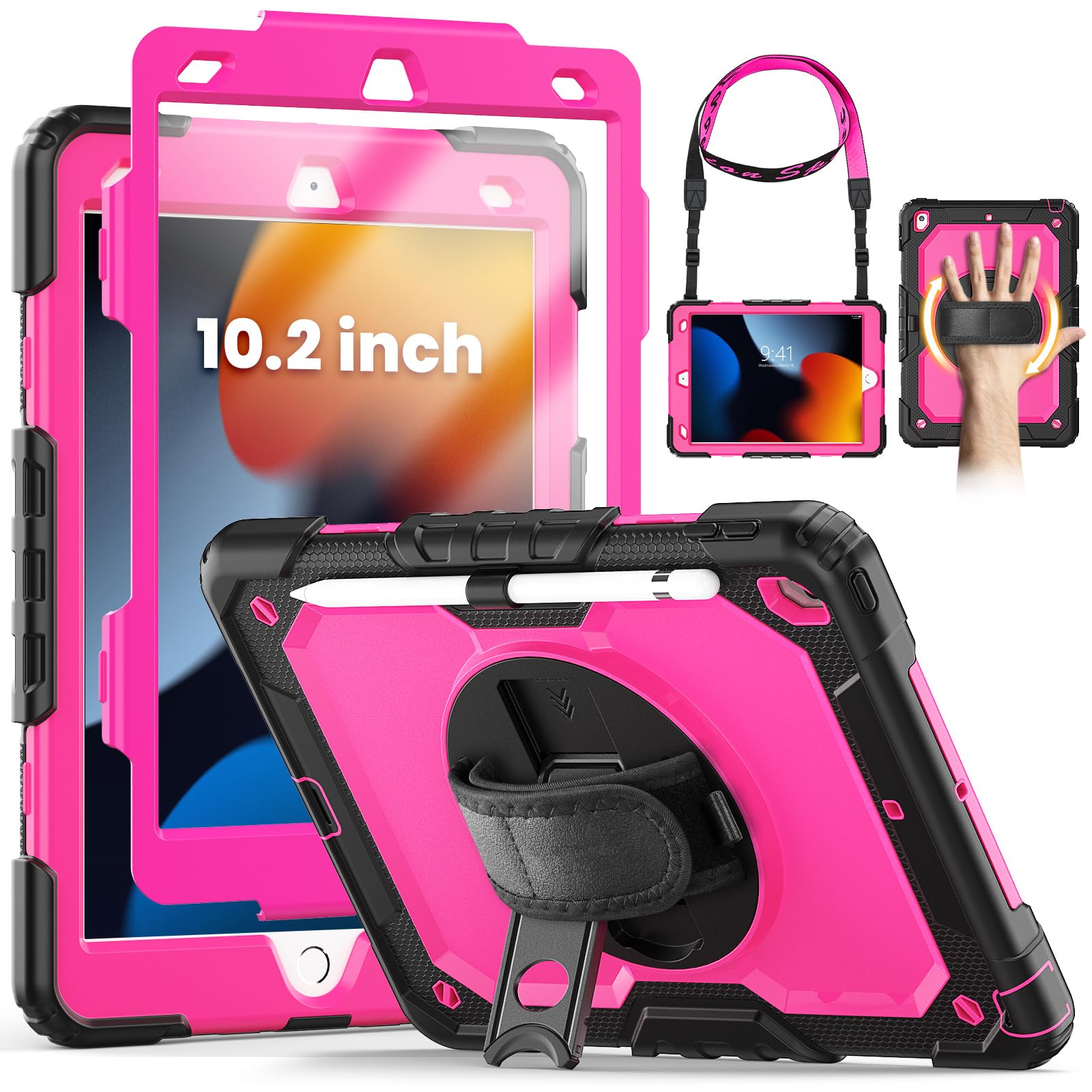 SEYMCY for iPad 9th/8th/7th Generation Case 10.2 inch, Shockproof Sturdy Cover with 360° Rotating Hand Strap & Stand, Screen Protector, Shoulder Strap, Pen Holder for iPad 9/8/7 gen 2021~2019, Rose