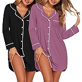 Ekouaer 2 Pack Nightgowns for Women Long Sleeve Night Shirt Button Down Sleep Shirt V-Neck Sleep Dress Pajama Sleepwear