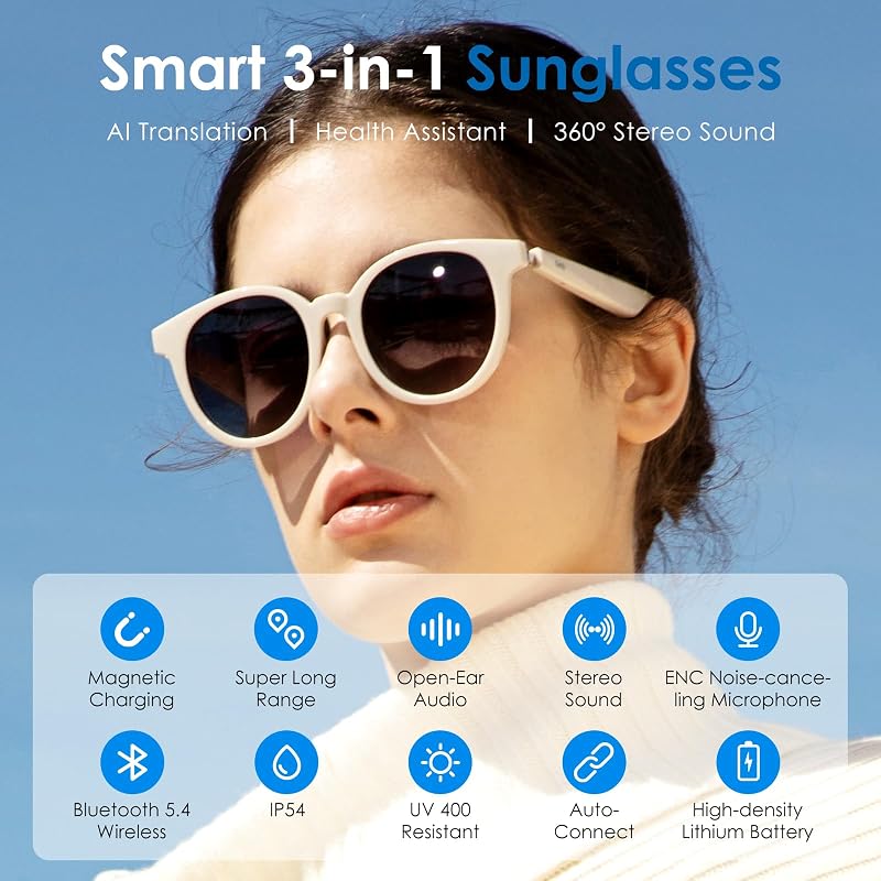 - Gafas Bluetooth, gafas de audio inteligentes de oreja abierta con altavoz y micrófono, gafas de sol polarizadas para hombres y mujeres (Marco Blanco + Lente Gris)