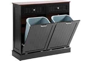 LOUVIXA Tilt Out Trash Can Cabinet with Double Hidden Trash Can Holder, Kitchen Free Standing Recycling Cabinet,Dog Proof Trash Can,Wood (Black)