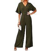 LOOKBOHO Womens Dressy Jumpsuits V Neck Belted Waist Casual Wide Leg Pants Romper Formal Elegant Jumpsuit Army Green S