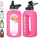 EALGRO 64 oz Glass Water Bottle With Straw and Handle, Half Gallon Sports Motivational Water Jug Flask with Silicone Sleeve, Large Water Cup with Time Marker for Travel, Gym, Hot Pink